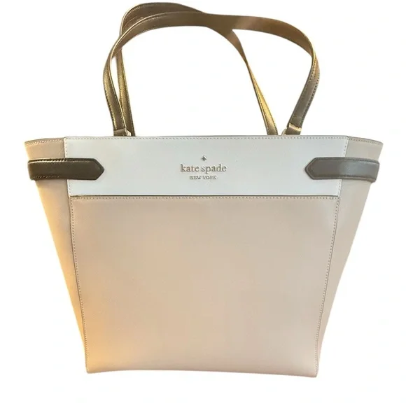Kate Spade Saffiano Leather Colorblock Staci Laptop Large Tote Warm Beige $450 - Picture 2 of 16
